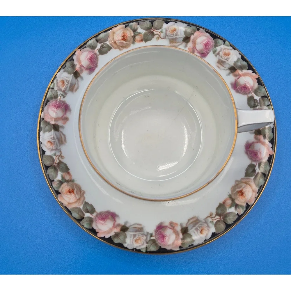 Vintage Bavaria Rose Floral Tea Cup and Saucer Set Navy Blue Gold Trim Porcelain